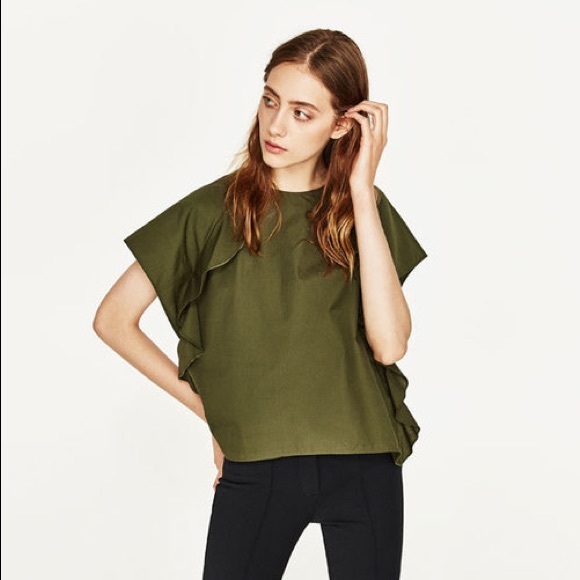 Zara Tops - ZARA Basic olive green boxy top frilled sleeve S